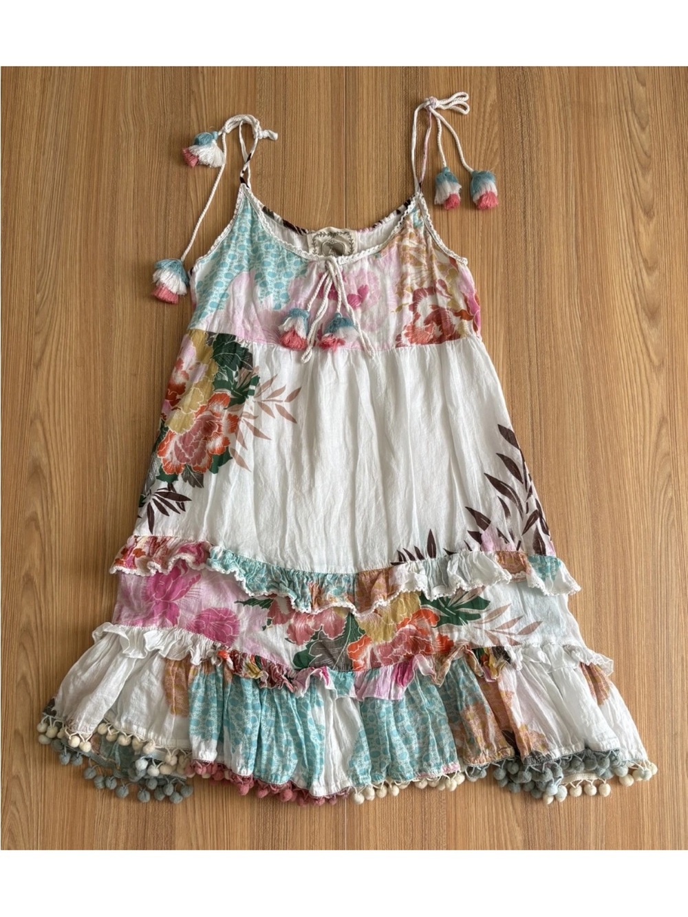 Z & L Europe Floral Tiered Ruffle Tassel Pompom Sun Dress S Tropical Indie Boho